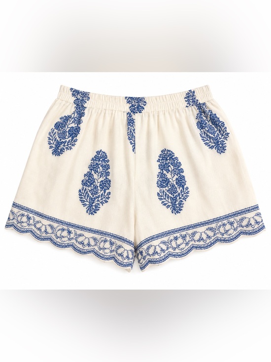 None Pants - WHITE ELASTIC WAIST SHORTS WITH BLUE Paisley Design
